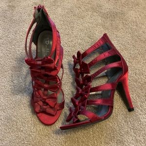 Red satin bow high heels